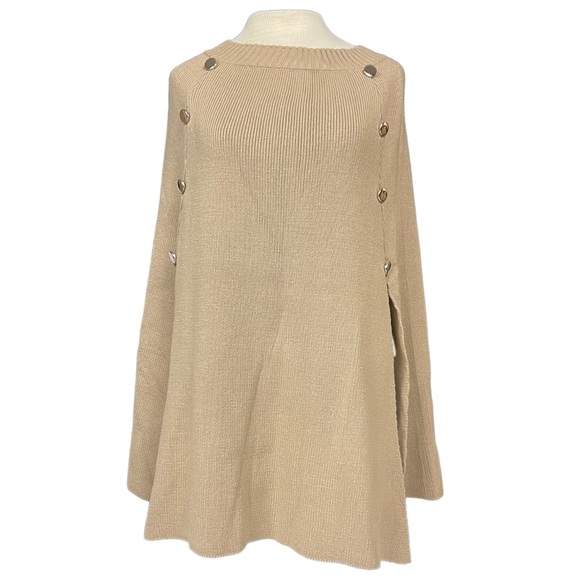 Modena Chic One Size Crew Neck Knit Pullover Cape in Light Caramel Tan - Picture 2 of 8